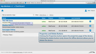 Properties and Delete Buttons
Clicking the Properties button opens the properties page of the device.
Clicking the delete button (only shown for oﬄine devices) allows you to
delete the device.
 