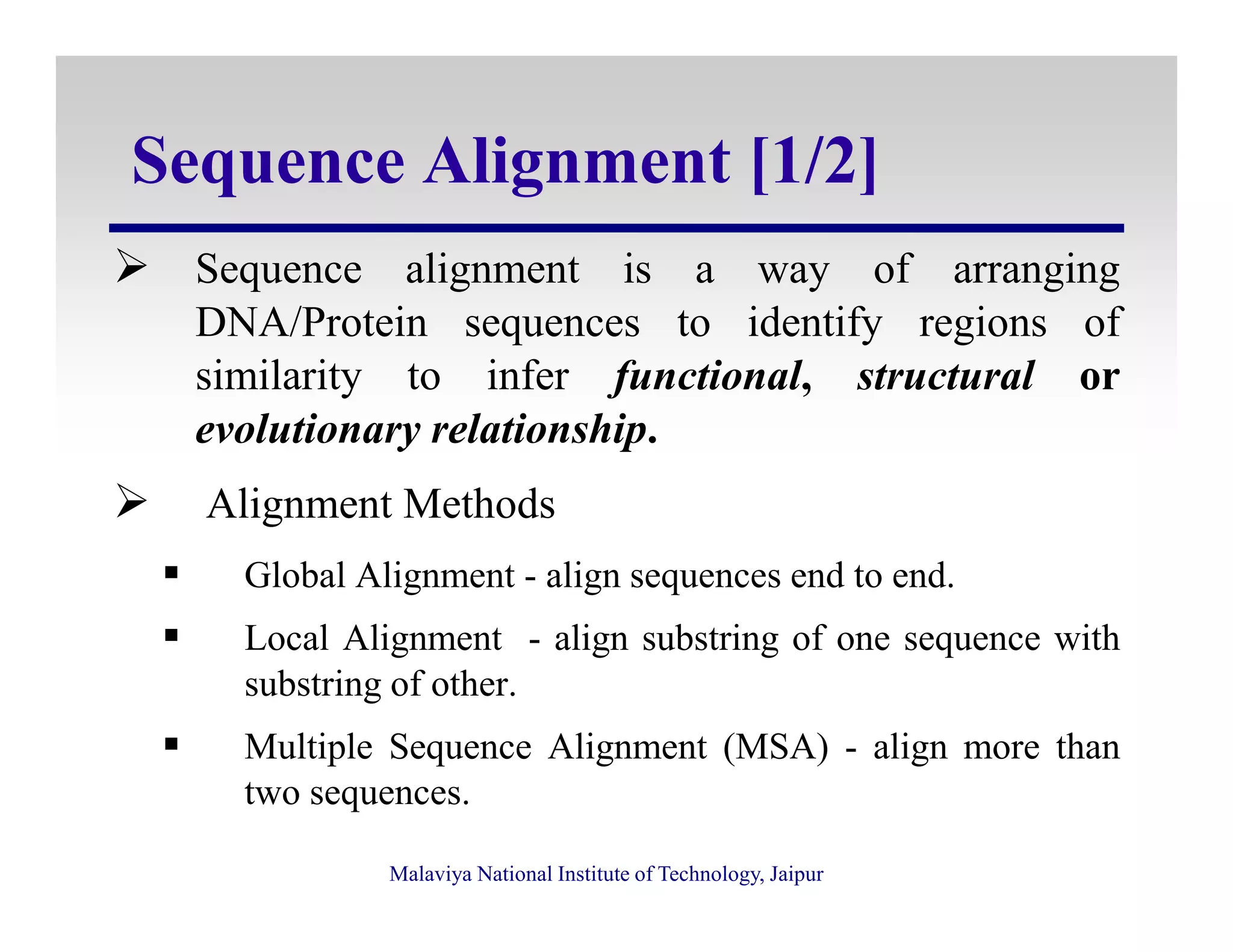 Sequence Alignment [1/2]
Sequence alignment is a way of arranging
DNA/Protein sequences to identify regions of
similarity to infer functional, structural or
evolutionary relationship.
Malaviya National Institute of Technology, Jaipur
Alignment Methods
Global Alignment - align sequences end to end.
Local Alignment - align substring of one sequence with
substring of other.
Multiple Sequence Alignment (MSA) - align more than
two sequences.
 