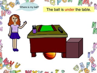 .
Where is my ball?
                    The ball is under the table.
 