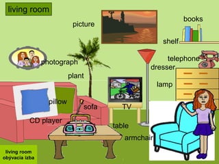 living room
                                                             books
                            picture

                                                     shelf

                photograph                           telephone
                                                dresser
                           plant
                                                    lamp

                  pillow
                               sofa     TV
           CD player
                                      table
                                         armchair
 living room
obývacia izba
 