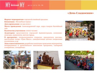 «День Сладкоежки»

Формат мероприятия: городской семейный праздник.
Концепция: «Волшебная страна»
Дата проведения: 30 мая 2009 г.
Место проведения: Александровский парк, перед театром Балтийский
дом.
Количество участников: 20000 человек
Аудитория: представители городской Администрации, компании-
спонсоры, журналисты, жители города.
В программе: театрализованное открытие, праздничное шествие,
выступление театра «Грим Масса», самодеятельных детских театральных
коллективов, и др.
Зона ответственности: разработка концепции проведения мероприятия,
интерактивного и артистического наполнения программы, сценарный
копирайтинг, спичрайтинг.
 