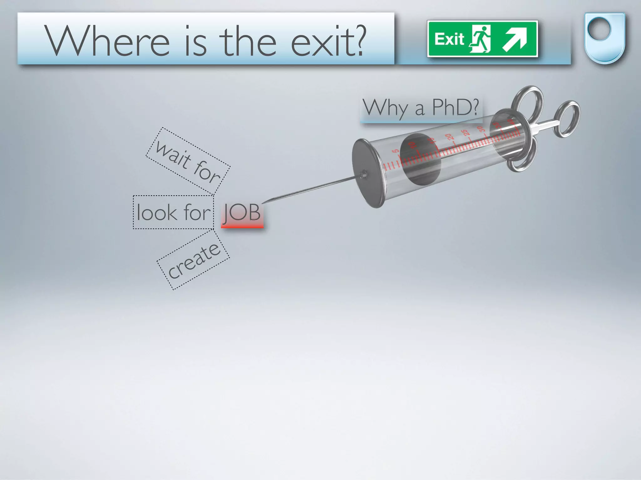 Where is the exit?
                    Why a PhD?
      wa
        it fo
                r
     look for JOB

         re ate
        c
 