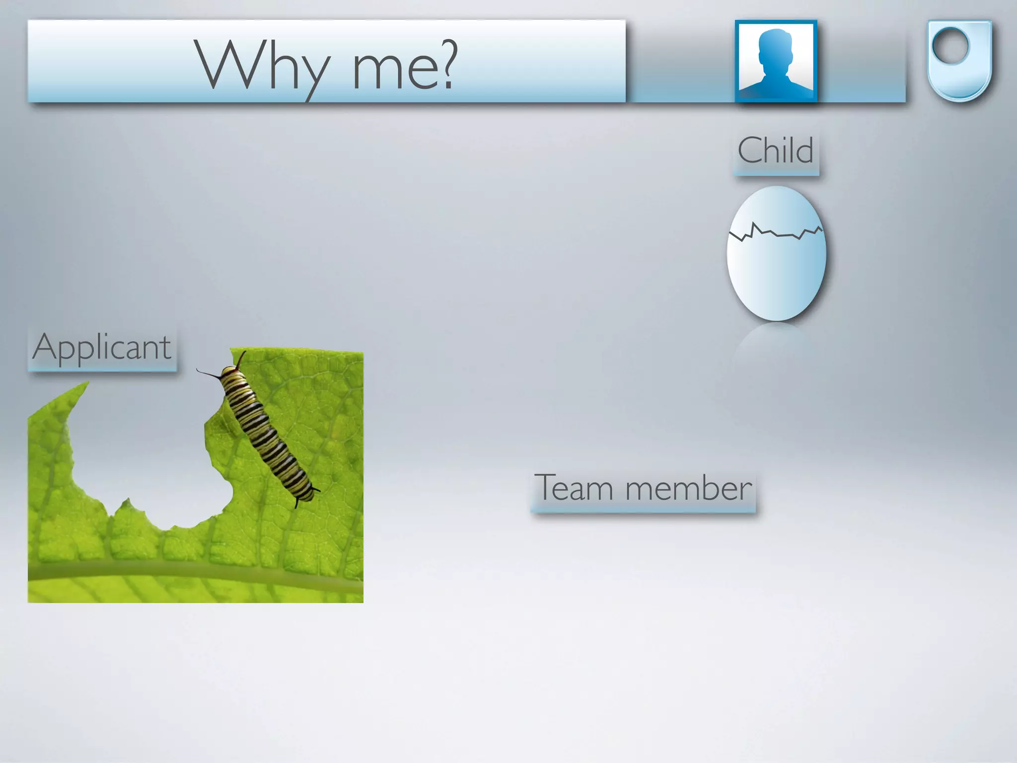 Why me?
                                Child




Applicant


                      Team member
 