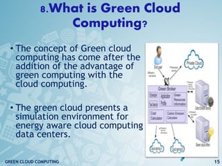 8.What is Green Cloud
Computing?
• The concept of Green cloud
computing has come after the
addition of the advantage of
green computing with the
cloud computing.
• The green cloud presents a
simulation environment for
energy aware cloud computing
data centers.
15GREEN CLOUD COMPUTING
 