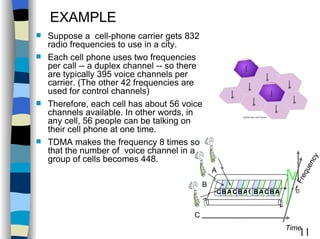 Suppose a  cell-phone carrier gets 832 radio frequencies to use in a city.  Each cell phone uses two frequencies per call -- a duplex channel -- so there are typically 395 voice channels per carrier. (The other 42 frequencies are used for control channels)  Therefore, each cell has about 56 voice channels available. In other words, in any cell, 56 people can be talking on their cell phone at one time.  TDMA makes the frequency 8 times so that the number of  voice channel in a group of cells becomes 448. EXAMPLE C B A C B A C B A C B A C A B Time f 0 Frequency 