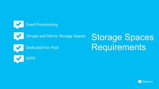 Fixed Provisioning

Simple and Mirror Storage Spaces
                                   Storage Spaces
Dedicated for Pool ...