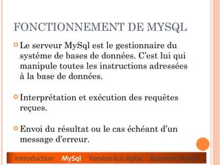 FONCTIONNEMENT DE MYSQL  Le serveur MySql est le gestionnaire du système de bases de données. C’est lui qui manipule toutes les instructions adressées à la base de données.  Interprétation et exécution des requêtes reçues.  Envoi du résultat ou le cas échéant d’un message d’erreur.  Introduction  MySql   Version 6.0 alpha  Business Model 