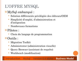 L’OFFRE MYSQL  MySql embarqué :  Solution différenciée privilégiée des éditeurs/OEM  Simplicité d’emploi, d’administration et d’intégration  Nombreuses formations  Pilotes :  Choix du langage de programmation  Outils :  Migration Toolkit  Administrator (administration visuelle)  Query Browser (assistant de requête)  Workbench (modélisation)  Introduction  MySql  Version 6.0 alpha  Business Model 