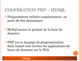 COOPÉRATION PHP – MYSQL  Fréquemment utilisés conjointement, on parle de duo dynamique  MySql assure la gestion de la base de données  PHP est le langage de programmation dans lequel sont écrites les applications de bases de données sur le Web  Introduction  MySql   Version 6.0 alpha  Business Model 