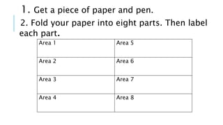 1. Get a piece of paper and pen.
2. Fold your paper into eight parts. Then label
each part.
Area 1 Area 5
Area 2 Area 6
Area 3 Area 7
Area 4 Area 8
 