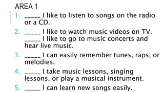 AREA 1
1. _____ I like to listen to songs on the radio
or a CD.
2. _____ I like to watch music videos on TV.
_____ I like to go to music concerts and
hear live music.
3. _____ I can easily remember tunes, raps, or
melodies.
4. _____ I take music lessons, singing
lessons, or play a musical instrument.
5. _____ I can learn new songs easily.
 