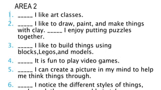 AREA 2
1. _____ I like art classes.
2. _____ I like to draw, paint, and make things
with clay. _____ I enjoy putting puzzles
together.
3. _____ I like to build things using
blocks,Legos,and models.
4. _____ It is fun to play video games.
5. _____ I can create a picture in my mind to help
me think things through.
6. _____ I notice the different styles of things,
 