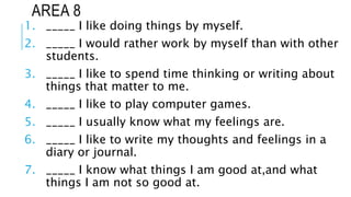 AREA 8
1. _____ I like doing things by myself.
2. _____ I would rather work by myself than with other
students.
3. _____ I like to spend time thinking or writing about
things that matter to me.
4. _____ I like to play computer games.
5. _____ I usually know what my feelings are.
6. _____ I like to write my thoughts and feelings in a
diary or journal.
7. _____ I know what things I am good at,and what
things I am not so good at.
 
