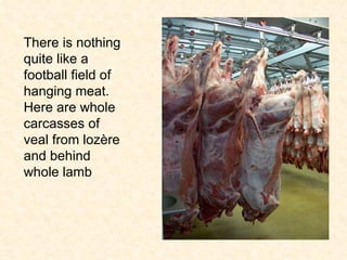 There is nothing quite like a football field of hanging meat.  Here are whole carcasses of veal from loz è re and behind whole lamb 