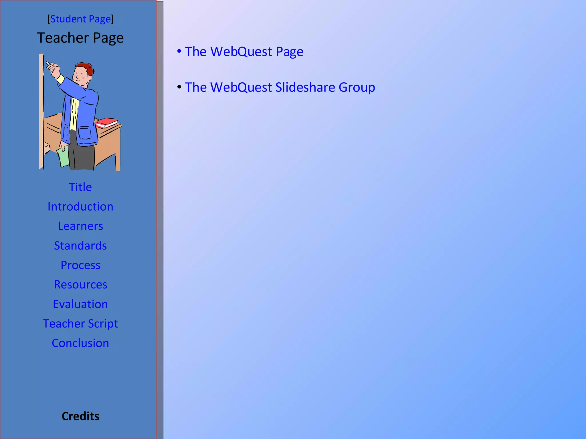 [ Student Page ] Title Introduction Learners Standards Process Resources Credits Teacher Page Evaluation Teacher Script Conclusion  The WebQuest Page The WebQuest Slideshare Group  