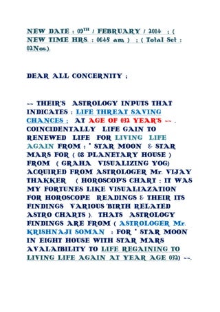 NEW DATE : 09TH / FEBRUARY / 2014 ; (
NEW TIME HRS. : 0645 am ) ; ( Total Set :
02Nos.).

DEAR ALL CONCERNITY ;

~~ THEIR’S ASTROLOGY INPUTS THAT
INDICATES : LIFE THREAT SAVING
CHANCES ; AT AGE OF 032 YEAR’S ~~ .
COINCIDENTALLY LIFE GAIN TO
RENEWED LIFE FOR LIVING LIFE
AGAIN FROM : * STAR MOON & STAR
MARS FOR ( 08 PLANETARY HOUSE )
FROM ( GRAHA VISUALIZING YOG)
ACQUIRED FROM ASTROLOGER Mr. VIJAY
THAKKER ( HOROSCOP’S CHART : IT WAS
MY FORTUNES LIKE VISUALIAZATION
FOR HOROSCOPE READINGS & THEIR ITS
FINDINGS VARIOUS BIRTH RELATED
ASTRO CHARTS ). THATS ASTROLOGY
FINDINGS ARE FROM ( ASTROLOGER Mr.
KRISHNAJI SOMAN : FOR * STAR MOON
IN EIGHT HOUSE WITH STAR MARS
AVALAIBILITY TO LIFE REGAINING TO
LIVING LIFE AGAIN AT YEAR AGE 032) ~~.

 