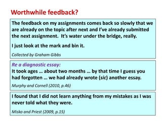 Worthwhile feedback?
The feedback on my assignments comes back so slowly that we
are already on the topic after next and I’ve already submitted
the next assignment. It’s water under the bridge, really.
I just look at the mark and bin it.
Collected by Graham Gibbs

Re a diagnostic essay:
It took ages … about two months … by that time I guess you
had forgotten … we had already wrote (sic) another essay.
Murphy and Cornell (2010, p.46)

I found that I did not learn anything from my mistakes as I was
never told what they were.
Misko and Priest (2009, p.15)
 