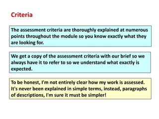Criteria

The assessment criteria are thoroughly explained at numerous
points throughout the module so you know exactly what they
are looking for.

We get a copy of the assessment criteria with our brief so we
always have it to refer to so we understand what exactly is
expected.

To be honest, I'm not entirely clear how my work is assessed.
It's never been explained in simple terms, instead, paragraphs
of descriptions, I'm sure it must be simpler!
 