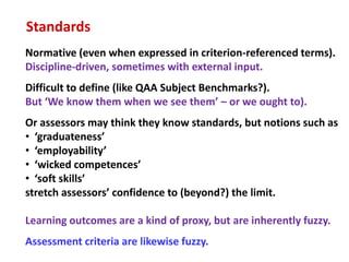 Standards
Normative (even when expressed in criterion-referenced terms).
Discipline-driven, sometimes with external input.
Difficult to define (like QAA Subject Benchmarks?).
But ‘We know them when we see them’ – or we ought to).
Or assessors may think they know standards, but notions such as
• ‘graduateness’
• ‘employability’
• ‘wicked competences’
• ‘soft skills’
stretch assessors’ confidence to (beyond?) the limit.

Learning outcomes are a kind of proxy, but are inherently fuzzy.
Assessment criteria are likewise fuzzy.
 