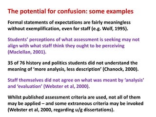 The potential for confusion: some examples
Formal statements of expectations are fairly meaningless
without exemplification, even for staff (e.g. Wolf, 1995).

Students’ perceptions of what assessment is seeking may not
align with what staff think they ought to be perceiving
(Maclellan, 2001).

35 of 76 history and politics students did not understand the
meaning of ‘more analysis, less description’ (Chanock, 2000).

Staff themselves did not agree on what was meant by ‘analysis’
and ‘evaluation’ (Webster et al, 2000).

Whilst published assessment criteria are used, not all of them
may be applied – and some extraneous criteria may be invoked
(Webster et al, 2000, regarding u/g dissertations).
 