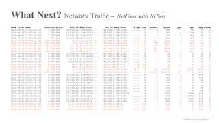 Date first seen Duration Proto Src IP Addr:Port Dst IP Addr:Port Flags Tos Packets Bytes pps bps Bpp Flows
2022-08-20 11:57:20.410 7.040 UDP 10.160.252.254:55427 -> 192.168.0.254:10032 ...... 0 4 280 0 318 70 1
2022-08-20 11:57:20.430 7.040 UDP 10.160.252.254:55429 -> 192.168.0.254:10032 ...... 0 4 280 0 318 70 1
2022-08-20 11:57:21.500 7.050 UDP 10.160.252.254:51601 -> 192.168.0.254:99032 ...... 0 4 276 0 313 69 1
2022-08-20 11:57:21.500 7.050 UDP 10.160.252.254:56961 -> 192.168.0.254:19032 ...... 0 4 276 0 313 69 1
2022-07-10 22:52:31.540 158.330 UDP 10.175.8.138:53 -> 192.168.0.254:19032 ...... 0 111 7509 0 379 67 1
2022-07-10 22:52:26.570 199.400 UDP 10.175.8.78:53 -> 192.168.0.254:20031 ...... 0 90 6123 0 245 68 1
2022-07-10 22:54:01.770 147.120 UDP 10.175.21.234:53 -> 192.168.0.254:60245 ...... 0 104 7526 0 409 72 1
2022-07-10 22:54:25.950 133.830 UDP 10.175.24.160:53 -> 192.168.0.254:8206 ...... 0 117 8018 0 479 68 1
2022-07-10 22:52:24.280 280.700 UDP 10.175.22.226:53 -> 192.168.0.254:94036 ...... 0 117 8836 0 251 75 1
2022-09-08 19:06:41.210 0.000 UDP 10.160.252.188:61902 -> 192.168.0.254:12023 ...... 0 1 45 0 0 45 1
2022-09-08 21:08:20.570 0.000 UDP 10.160.252.212:40960 -> 192.168.0.254:10046 ...... 0 1 45 0 0 45 1
2022-08-26 21:44:18.720 0.000 UDP 142.93.132.42:55433 -> 192.16.204.217:12067 ...... 72 1 28 0 0 28 1
2022-08-26 21:45:11.320 0.000 UDP 142.93.132.42:55433 -> 192.16.204.217:11057 ...... 72 1 40 0 0 40 1
2022-08-26 21:47:33.480 0.000 TCP 88.6.232.5:42671 -> 192.16.204.219:53 ....S. 40 1 40 0 0 40 1
2022-08-26 22:18:58.290 0.000 TCP 88.6.232.5:52561 -> 192.16.204.213:53 ....S. 40 1 40 0 0 40 1
2022-09-12 19:54:04.130 52.830 TCP 10.160.68.26:53 -> 192.168.0.254:55024 .AP... 0 319 349200 6 52879 1094 1
2022-09-12 20:04:27.090 1426.890 TCP 10.160.68.26:53 -> 192.168.0.254:10035 .AP... 0 245007 349.3 M 171 2.0 M 1425 1
2022-08-20 12:07:59.650 0.000 UDP 10.160.252.254:62415 -> 192.168.0.254:10014 ...... 0 2 202 0 0 101 1
2022-08-20 12:07:59.650 0.000 UDP 10.160.252.254:64165 -> 192.168.0.254:10053 ...... 0 2 202 0 0 101 1
2022-08-20 12:07:59.660 0.000 UDP 10.160.252.254:63760 -> 192.168.0.254:10123 ...... 0 2 116 0 0 58 1
2022-08-20 12:07:59.660 0.000 UDP 10.160.252.254:49521 -> 192.168.0.254:10135 ...... 0 2 198 0 0 99 1
2022-08-20 12:07:59.660 0.000 UDP 10.160.252.254:61534 -> 192.168.0.254:10145 ...... 0 2 198 0 0 99 1
2022-08-20 12:07:59.670 0.000 UDP 10.160.252.254:50694 -> 192.168.0.254:10068 ...... 0 2 192 0 0 96 1
2022-08-20 12:07:59.670 0.000 UDP 10.160.252.254:50557 -> 192.168.0.254:10037 ...... 0 2 192 0 0 96 1
2022-09-01 00:38:35.710 5.000 UDP 10.160.252.205:21343 -> 192.168.0.254:100379 ...... 0 4 1256 0 2009 314 1
2022-09-01 00:38:40.660 5.010 UDP 10.160.252.205:2500 -> 192.168.0.254:10790 ...... 0 4 976 0 1558 244 1
2022-09-01 00:38:45.710 7.960 UDP 10.160.252.205:29718 -> 192.168.0.254:10357 ...... 0 4 1256 0 1262 314 1
2022-09-01 00:38:50.670 6.440 UDP 10.160.252.205:5733 -> 192.168.0.254:23032 ...... 0 4 960 0 1192 240 1
2022-10-02 00:09:22.800 0.000 UDP 10.111.186.85:42531 -> 192.168.0.254:53 ...... 192 1 160 0 0 160 1
2022-10-02 00:09:22.800 0.000 UDP 10.111.186.85:49651 -> 192.168.0.254:53 ...... 192 1 160 0 0 160 1
2022-10-02 00:09:22.800 0.000 UDP 10.111.186.85:35340 -> 192.168.0.254:53 ...... 192 1 160 0 0 160 1
What Next? Network Traffic – NetFlow with NFSen
***Manipulated sample data
 