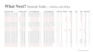 What Next? Network Traffic – span traffic with Zeek
Roaming around with Zeek
– Using existing script to find DNS activity
...