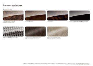 ※シートカラー、デコラティブパネルは印刷インクの性質上、実際の色とは異なって見える場合があります。 65
Decorative Inlays
ファイングレインアッシュベルベットブラウン
［Audi A8/A8 hybrid/A8 L 標準装備］
カーボンアトラス［Audi S8専用デコラティブパネル］
Decorative Inlays
ウォールナットダークブラウン
ファイングレインアッシュナチュラル バルサミックブラウン
［Audi デザインセレクション バラオブラウン］*2
バボナアッサムグレー ピアノブラック［Audi A8 L W12 quattro専用デコラティブパネル］
ファイングレインアッシュナチュラル パールグレー
［Audi デザインセレクション マーブルグレー］*2
*1 Audi A8 4.0 TFSI quattro/Audi A8 L 4.0 TFSI quattro/Audi A8 L W12 quattroに標準装備。Audi A8 3.0 TFSI quattroにオプション、Audi A8 hybridには設定がありません。*2 Audi A8/A8 L/A8 L W12にオプション、Audi A8 hybrid/Audi S8には設定がありません。
 