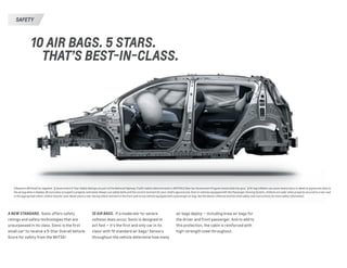 10 air bags. 5 stars.
	that’s best-in-class.
safety
A NEW STANDARD.  Sonic offers safety
ratings and safety technologies that are
unsurpassed in its class. Sonic is the first
small car1
to receive a 5-Star Overall Vehicle
Score for safety from the NHTSA.2
10 AIR BAGS.  If a moderate-to-severe
collision does occur, Sonic is designed to
act fast — it’s the first and only car in its
class1
with 10 standard air bags.3
Sensors
throughout the vehicle determine how many
1 Based on GM Small Car segment.  2 Government 5-Star Safety Ratings are part of the National Highway Traffic Safety Administration’s (NHTSA’s) New Car Assessment Program (www.SaferCar.gov).  3 Air bag inflation can cause severe injury or death to anyone too close to
the air bag when it deploys. Be sure every occupant is properly restrained. Always use safety belts and the correct restraint for your child’s age and size. Even in vehicles equipped with the Passenger Sensing System, children are safer when properly secured in a rear seat
in the appropriate infant, child or booster seat. Never place a rear-facing infant restraint in the front seat of any vehicle equipped with a passenger air bag. See the Owner’s Manual and the child safety seat instructions for more safety information. 
air bags deploy — including knee air bags for
the driver and front passenger. And to add to
this protection, the cabin is reinforced with
high-strength steel throughout.
 