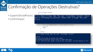 MVP Open Days 2015
Confirmação de Operações Destrutivas?
• SupportsShouldProcess
• ConfirmImpact
 