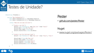 MVP Open Days 2015
Testes de Unidade?
Pester
• github.com/pester/Pester
Nuget
• www.nuget.org/packages/Pester/
 