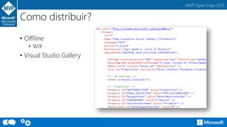 MVP Open Days 2015
Como distribuir?
• Offiline
• WIX
• Visual Studio Gallery
 