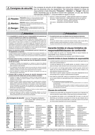 Lithuania +370 5 2308118 www.smclt.lt info@smclt.lt
Netherlands +31 (0)205318888 www.smcpneumatics.nl info@smcpneumatics.nl
Norway +47 67129020 www.smc-norge.no post@smc-norge.no
Poland +48 (0)222119616 www.smc.pl office@smc.pl
Portugal +351 226166570 www.smc.eu postpt@smc.smces.es
Romania +40 213205111 www.smcromania.ro smcromania@smcromania.ro
Russia +7 8127185445 www.smc-pneumatik.ru info@smc-pneumatik.ru
Slovakia +421 (0)413213212 www.smc.sk office@smc.sk
Slovenia +386 (0)73885412 www.smc.si office@smc.si
Spain +34 902184100 www.smc.eu post@smc.smces.es
Sweden +46 (0)86031200 www.smc.nu post@smc.nu
Switzerland +41 (0)523963131 www.smc.ch info@smc.ch
Turkey +90 212 489 0 440 www.smcpnomatik.com.tr info@smcpnomatik.com.tr
UK +44 (0)845 121 5122 www.smcpneumatics.co.uk sales@smcpneumatics.co.uk
Specifications are subject to change without prior notice and any obligation on the part of the manufacturer.
SMC CORPORATION Akihabara UDX 15F, 4-14-1, Sotokanda, Chiyoda-ku, Tokyo 101-0021, JAPAN Phone: 03-5207-8249 FAX: 03-5298-5362
1st printing QX printing QX 00 Printed in Spain
Austria +43 (0)2262622800 www.smc.at office@smc.at
Belgium +32 (0)33551464 www.smcpneumatics.be info@smcpneumatics.be
Bulgaria +359 (0)2807670 www.smc.bg office@smc.bg
Croatia +385 (0)13707288 www.smc.hr office@smc.hr
Czech Republic +420 541424611 www.smc.cz office@smc.cz
Denmark +45 70252900 www.smcdk.com smc@smcdk.com
Estonia +372 6510370 www.smcpneumatics.ee smc@smcpneumatics.ee
Finland +358 207513513 www.smc.fi smcfi@smc.fi
France +33 (0)164761000 www.smc-france.fr promotion@smc-france.fr
Germany +49 (0)61034020 www.smc.de info@smc.de
Greece +30 210 2717265 www.smchellas.gr sales@smchellas.gr
Hungary +36 23511390 www.smc.hu office@smc.hu
Ireland +353 (0)14039000 www.smcpneumatics.ie sales@smcpneumatics.ie
Italy +39 0292711 www.smcitalia.it mailbox@smcitalia.it
Latvia +371 67817700 www.smclv.lv info@smclv.lv
SMC Corporation (Europe)
1. La compatibilité du produit est sous la responsabilité de la personne qui
a conçu le système et qui a défini ses caractéristiques.
Etant donné que les produits mentionnés sont utilisés dans certaines conditions, c'est la
personne qui a conçu le système ou qui en a déterminé les caractéristiques (après avoir
fait les analyses et tests requis) qui décide de la compatibilité de ces produits avec
l'installation. Les performances et la sécurité exigées par l'équipement seront de la
responsabilité de la personne qui a déterminé la compatibilité du système. Cette personne
devra réviser en permanence le caractère approprié de tous les éléments spécifiés en se
reportant aux informations du dernier catalogue et en tenant compte de toute éventualité
de défaillance de l'équipement pour la configuration d'un système.
2. Seules les personnes formées convenablement pourront intervenir sur
les équipements ou machines.
Le produit présenté ici peut être dangereux s'il fait l'objet d'une mauvaise manipulation. Le
montage, le fonctionnement et l'entretien des machines ou de l'équipement, y compris de
nos produits, ne doivent être réalisés que par des personnes formées convenablement et
expérimentées.
3. Ne jamais tenter de retirer ou intervenir sur le produit ou des machines
ou équipements sans s'être assuré que tous les dispositifs de sécurité
ont été mis en place.
1. L'inspection et l'entretien des équipements ou machines ne devront être effectués
qu'une fois que les mesures de prévention de chute et de mouvement non maîtrisé des
objets manipulés ont été confirmées.
2. Si un équipement doit être déplacé, assurez-vous que toutes les mesures de sécurité
indiquées ci-dessus ont été prises, que le courant a été coupé à la source et que les
précautions spécifiques du produit ont été soigneusement lues et comprises.
3. Avant de redémarrer la machine, prenez des mesures de prévention pour éviter les
dysfonctionnements malencontreux.
4. Contactez SMC et prenez les mesures de sécurité nécessaires si les
produits doivent être utilisés dans une des conditions suivantes :
1. Conditions et plages de fonctionnement en dehors de celles données dans les
catalogues, ou utilisation du produit en extérieur ou dans un endroit où le produit est
exposé aux rayons du soleil.
2. Installation en milieu nucléaire, matériel embarqué (train, navigation aérienne, véhicules,
espace, navigation maritime), équipement militaire, médical, combustion et récréation,
équipement en contact avec les aliments et les boissons, circuits d'arrêt d'urgence,
circuits d'embrayage et de freinage dans les applications de presse, équipement de
sécurité ou toute autre application qui ne correspond pas aux caractéristiques standard
décrites dans le catalogue du produit.
3. Equipement pouvant avoir des effets néfastes sur l'homme, les biens matériels ou les
animaux, exigeant une analyse de sécurité spécifique.
4. Lorsque les produits sont utilisés en système de vérrouillage, préparez un circuit de
style double vérrouillage avec une protection mécanique afin d'eviter toute panne.
Vérifiez périodiquement le bon fonctionnement des dispositifs.
Attention
Garantie limitée et clause limitative de
responsabilité/clauses de conformité
Le produit utilisé est soumis à la "Garantie limitée et clause limitative de
responsabilité" et aux "Clauses de conformité".
Veuillez les lire attentivement et les accepter avant d'utiliser le produit.
1. Ce produit est prévu pour une utilisation dans les industries de fabrication.
Le produit, décrit ici, est conçu en principe pour une utilisation inoffensive dans les industries de
fabrication.
Si vous avez l'intention d'utiliser ce produit dans d'autres industries, veuillez consulter SMC au
préalable et remplacer certaines spécifications ou échanger un contrat au besoin.
Si quelque chose semble confus, veuillez contacter votre succursale commerciale la plus proche.
Précaution
Garantie limitée et clause limitative de responsabilité
1. La période de garantie du produit est d'un an de service ou d'un an et demi après livraison du
produit, selon la première échéance.∗2)
Le produit peut également tenir une durabilité spéciale, une exécution à distance ou des
pièces de rechange. Veuillez demander l'avis de votre succursale commerciale la plus proche.
2. En cas de panne ou de dommage signalé pendant la période de garantie, période durant
laquelle nous nous portons entièrement responsable, votre produit sera remplacé ou les
pièces détachées nécessaires seront fournies.
Cette limitation de garantie s'applique uniquement à notre produit, indépendamment de tout
autre dommage encouru, causé par un dysfonctionnement de l'appareil.
3. Avant d'utiliser les produits SMC, veuillez lire et comprendre les termes de la garantie, ainsi
que les clauses limitatives de responsabilité figurant dans le catalogue pour tous les produits
particuliers.
∗2) Les ventouses sont exclues de la garantie d'un an.
Une ventouse étant une pièce consommable, elle est donc garantie pendant un an à compter de
sa date de livraison.
Ainsi, même pendant sa période de validité, la limitation de garantie ne prend pas en charge
l'usure du produit causée par l'utilisation de la ventouse ou un dysfonctionnement provenant
d'une détérioration d'un caoutchouc.
Clauses de conformité
1. L'utilisations des produits SMC avec l'équipement de production pour la fabrication des
armes de destruction massive (ADM) ou d'autre type d'arme est strictement interdite .
2. Les exportations des produits ou de la technologie SMC d'un pays à un autre sont
déterminées par les directives de sécurité et les normes des pays impliqués dans la
transaction. Avant de livrer les produits SMC à un autre pays, assurez-vous que toutes
les normes locales d'exportation sont connues et respectées.
Ces consignes de sécurité ont été rédigées pour prévenir des situations dangereuses
pour les personnes et/ou les équipements. Ces instructions indiquent le niveau de
risque potentiel à l'aide d'étiquettes "Précaution", "Attention" ou "Danger". Elles sont
toutes importantes pour la sécurité et doivent être appliquées, en plus des Normes
Internationales (ISO/IEC)∗1), à tous les textes en vigueur à ce jour.
∗1) ISO 4414 : Fluides pneumatiques – Règles générales relatives aux systèmes.
ISO 4413 : Fluides hydrauliques – Règles générales relatives aux systèmes.
IEC 60204-1 : Sécurité des machines – Matériel électrique des machines.
(1ère partie : recommandations générales)
ISO 10218-1 : Manipulation de robots industriels - Sécurité.
etc.
Précaution indique un risque potentiel de faible
niveau qui, s'il est ignoré, pourrait entraîner des
blessures mineures ou peu graves.
Attention indique un risque potentiel de niveau
moyen qui, s'il est ignoré, pourrait entraîner la mort ou
des blessures graves.
Précaution:
Attention:
Danger :
Danger indique un risque potentiel de niveau fort
qui, s'il est ignoré, pourrait entraîner la mort ou des
blessures graves.
Consignes de sécurité
Consignes de sécurité Lisez les "Précautions d'utilisation
des Produits SMC" (M-E03-3) avant
toute utilisation.
 