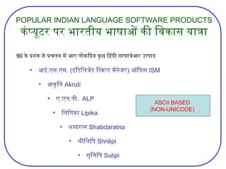 POPULAR INDIAN LANGUAGE SOFTWARE PRODUCTS
कंप्यूटर पर भारतीय भाषाओं की विकास यात्रा
90 के दशक से प्रचलन में आए लोकप्रिय कुछ हिंदी साफ्टवेआर उत्पाद
• आई.एस.एम. (इंटिलिजेंट स्क्रिप्ट मैनेजर) ऑफिस ISM
• आकृति Akruti
• ए.एल.पी. ALP
• लिपिका Lipika
• शब्‍
दरत्‍
न Shabdaratna
• सुलिपि Sulipi
• श्रीलिपि Shrilipi
ASCII BASED
(NON-UNICODE)
 