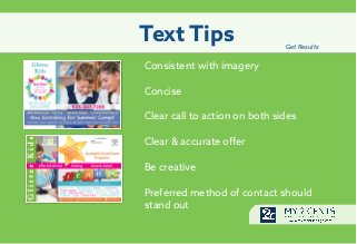Text Tips
Consistent with imagery
Concise
Clear call to action on both sides
Clear & accurate offer
Be creative
Preferred ...