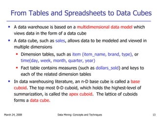 From Tables and Spreadsheets to Data Cubes A data warehouse is based on a  multidimensional data model  which views data in the form of a data cube A data cube, such as  sales , allows data to be modeled and viewed in multiple dimensions Dimension tables, such as  item (item_name, brand, type),  or  time(day, week, month, quarter, year)  Fact table contains measures (such as  dollars_sold ) and keys to each of the related dimension tables In data warehousing literature, an n-D base cube is called a  base cuboid . The top most 0-D cuboid, which holds the highest-level of summarization, is called the  apex cuboid .  The lattice of cuboids forms a  data cube. 