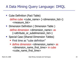 A Data Mining Query Language: DMQL Cube Definition (Fact Table) define cube  <cube_name> [<dimension_list>]:  <measure_list> Dimension Definition ( Dimension Table ) define dimension  <dimension_name>  as  (<attribute_or_subdimension_list>) Special Case (Shared Dimension Tables) First time as “cube definition” define dimension  <dimension_name>  as  <dimension_name_first_time>  in cube  <cube_name_first_time> 