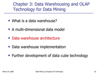 Chapter 3: Data Warehousing and OLAP Technology for Data Mining What is a data warehouse?  A multi-dimensional data model Data warehouse architecture Data warehouse implementation Further development of data cube technology 