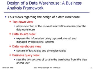 Design of a Data Warehouse: A Business Analysis Framework Four views regarding the design of a data warehouse  Top-down view allows selection of the relevant information necessary for the data warehouse Data source view exposes the information being captured, stored, and managed by operational systems Data warehouse view consists of fact tables and dimension tables Business query view   sees the perspectives of data in the warehouse from the view of end-user 