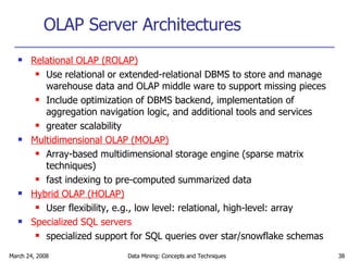 OLAP Server Architectures Relational OLAP (ROLAP)   Use relational or extended-relational DBMS to store and manage warehouse data and OLAP middle ware to support missing pieces Include optimization of DBMS backend, implementation of aggregation navigation logic, and additional tools and services greater scalability Multidimensional OLAP (MOLAP)   Array-based multidimensional storage engine (sparse matrix techniques) fast indexing to pre-computed summarized data Hybrid OLAP (HOLAP) User flexibility, e.g., low level: relational, high-level: array Specialized SQL servers specialized support for SQL queries over star/snowflake schemas 