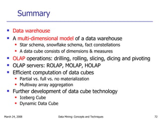 Summary Data warehouse   A  multi-dimensional model  of a data warehouse Star schema, snowflake schema, fact constellations A data cube consists of dimensions & measures OLAP  operations: drilling, rolling, slicing, dicing and pivoting OLAP servers: ROLAP, MOLAP, HOLAP Efficient computation of data cubes Partial vs. full vs. no materialization Multiway array aggregation Further development of data cube technology Iceberg Cube Dynamic Data Cube 