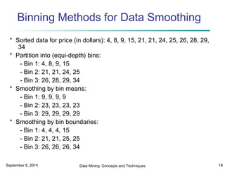 Binning Methods for Data Smoothing 
* Sorted data for price (in dollars): 4, 8, 9, 15, 21, 21, 24, 25, 26, 28, 29, 
34 
* Partition into (equi-depth) bins: 
- Bin 1: 4, 8, 9, 15 
- Bin 2: 21, 21, 24, 25 
- Bin 3: 26, 28, 29, 34 
* Smoothing by bin means: 
- Bin 1: 9, 9, 9, 9 
- Bin 2: 23, 23, 23, 23 
- Bin 3: 29, 29, 29, 29 
* Smoothing by bin boundaries: 
- Bin 1: 4, 4, 4, 15 
- Bin 2: 21, 21, 25, 25 
- Bin 3: 26, 26, 26, 34 
September 6, 2014 Data Mining: Concepts and Techniques 18 
 