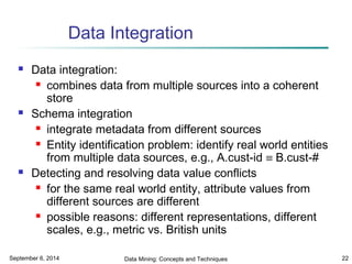 Data Integration 
 Data integration: 
 combines data from multiple sources into a coherent 
store 
 Schema integration 
 integrate metadata from different sources 
 Entity identification problem: identify real world entities 
from multiple data sources, e.g., A.cust-id º B.cust-# 
 Detecting and resolving data value conflicts 
 for the same real world entity, attribute values from 
different sources are different 
 possible reasons: different representations, different 
scales, e.g., metric vs. British units 
September 6, 2014 Data Mining: Concepts and Techniques 22 
 
