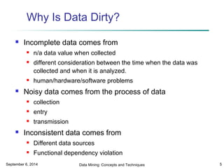 Why Is Data Dirty? 
 Incomplete data comes from 
 n/a data value when collected 
 different consideration between the time when the data was 
collected and when it is analyzed. 
 human/hardware/software problems 
 Noisy data comes from the process of data 
 collection 
 entry 
 transmission 
 Inconsistent data comes from 
 Different data sources 
 Functional dependency violation 
September 6, 2014 Data Mining: Concepts and Techniques 5 
 