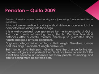 Perroton, Spanish composed word for dog race (perro=dog / ton= abbreviation of marathon) . It is a unique recreational and joyful short distance race in which the competitors run along with their dogs. It is a well-organized race sponsored by the Municipality of Quito. The race consists of running along the La Carolina Park short distances after a careful medical check-up to guarantee dog’s health and good physical conditions.  Dogs are categorized according to their weight. Therefore, runners and their dogs run different length and routes. Both runners and their pets not only have the chance to live up  moments of glory and pride   , but also it has been proved that this event has become an incentive for many people to running, and also to caring more about their pets.  