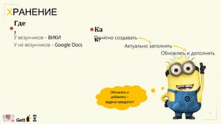 ХРАНЕНИЕ
Обновлять и
добавлять –
задача каждого!!!
Где
? Ка
к?У везунчиков - ВИКИ
У не везунчиков - Google Docs
Понятно создавать
Актуально заполнять
Обновлять и дополнять
 
