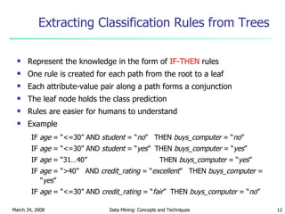 Extracting Classification Rules from Trees Represent the knowledge in the form of  IF-THEN  rules One rule is created for each path from the root to a leaf Each attribute-value pair along a path forms a conjunction The leaf node holds the class prediction Rules are easier for humans to understand Example IF  age  = “<=30” AND  student  = “ no ”  THEN  buys_computer  = “ no ” IF  age  = “<=30” AND  student  = “ yes ”  THEN  buys_computer  = “ yes ” IF  age  = “31…40”  THEN  buys_computer  = “ yes ” IF  age  = “>40”  AND  credit_rating  = “ excellent ”  THEN  buys_computer  = “ yes ” IF  age  = “<=30” AND  credit_rating  = “ fair ”  THEN  buys_computer  = “ no ” 