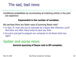 The sad, bad news Conditional probabilities by enumerating all matching entries in the joint are expensive: Exponential in the number of variables. But perhaps there are faster ways of querying Bayes nets? In fact, if I ever ask you to manually do a Bayes Net inference, you’ll find there are often many tricks to save you time. So we’ve just got to program our computer to do those tricks too, right? Sadder and worse news: General querying of Bayes nets is NP-complete. 