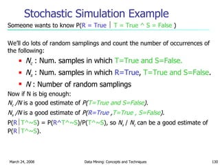 Stochastic Simulation Example Someone wants to know P( R = True     T = True ^ S = False  ) We’ll do lots of random samplings and count the number of occurrences of the following: N c  : Num. samples in which  T=True and S=False. N s  : Num. samples in which  R=True ,  T=True and S=False . N  : Number of random samplings Now if N is big enough: N c  /N  is a good estimate of  P( T=True and S=False ). N s   /N  is a good estimate of  P( R=True  , T=True , S=False ) . P( R  T^~S ) = P( R^ T^~S )/P( T^~S ), so  N s  /  N c  can be a good estimate of P( R  T^~S ). 
