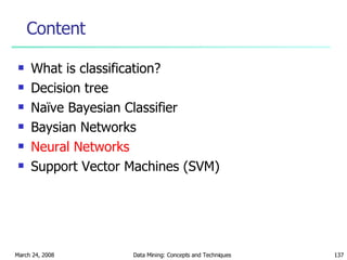 Content What is classification? Decision tree Naïve Bayesian Classifier Baysian Networks Neural Networks Support Vector Machines (SVM) 