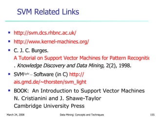 SVM Related Links http://svm.dcs.rhbnc.ac.uk/ http://www.kernel-machines.org/ C. J. C. Burges.  A Tutorial on Support Vector Machines for Pattern Recognition .  Knowledge Discovery and Data Mining , 2(2), 1998.  SVM light  –  Software (in C)  http:// ais.gmd.de/~thorsten/svm_light BOOK:  An Introduction to Support Vector Machines N. Cristianini and J. Shawe-Taylor Cambridge University Press 